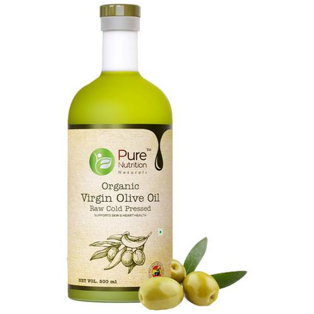 Pure Nutrition Raw Cold Pressed Virgin Olive Oil, Moisturizer for Skin & Hair, Ideal for Dressing & Garnishing (Glass Bottle)