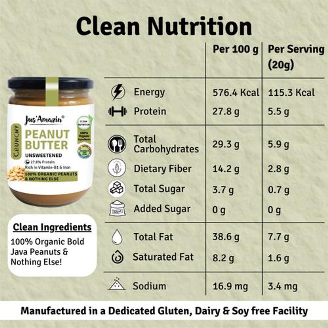 Organic Peanut Butter - Crunchy, Unsweetened - 28% Protein, 100% Peanuts