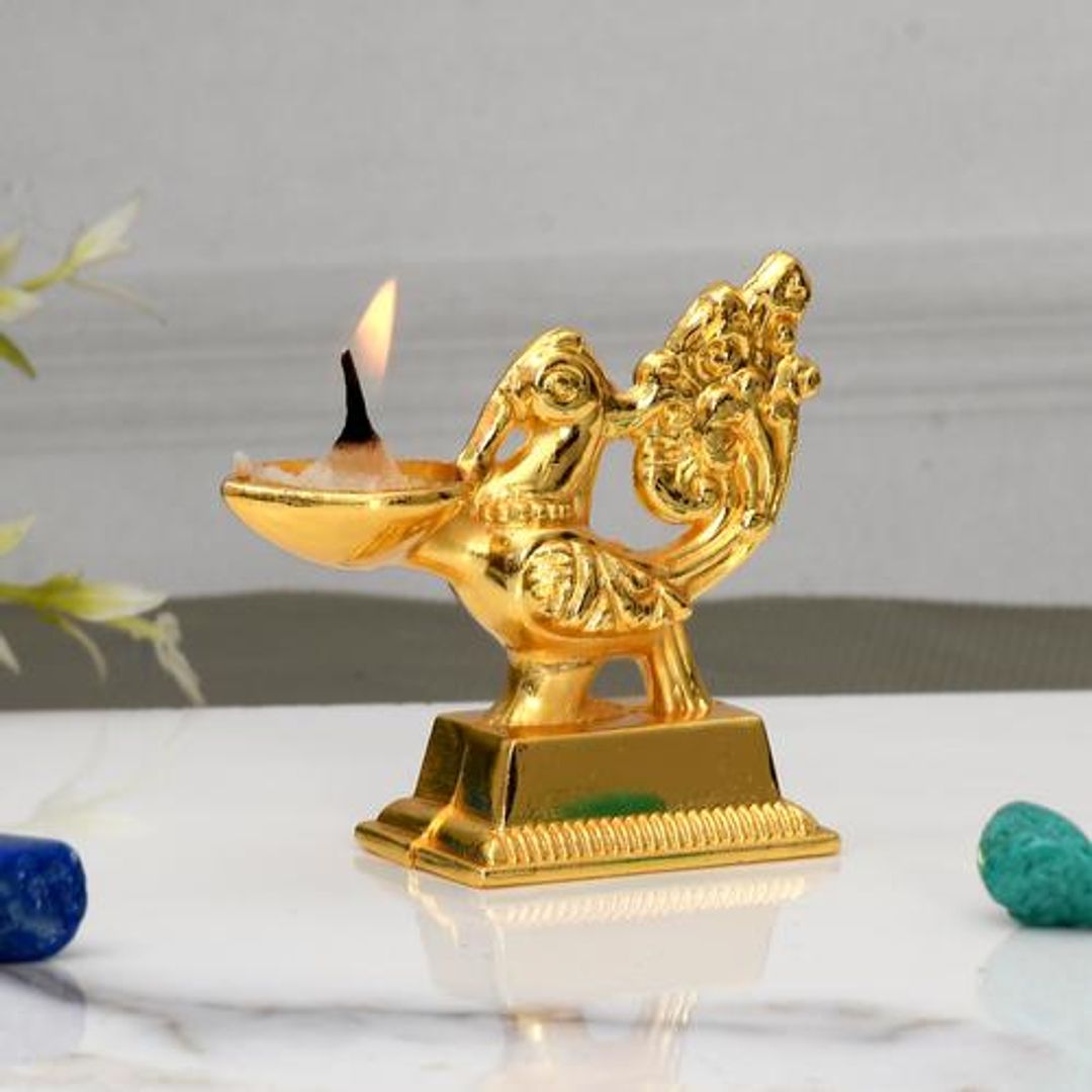Golden Peacock Decorative Metal Diya Stand, Mayur Swarn Diya Stand