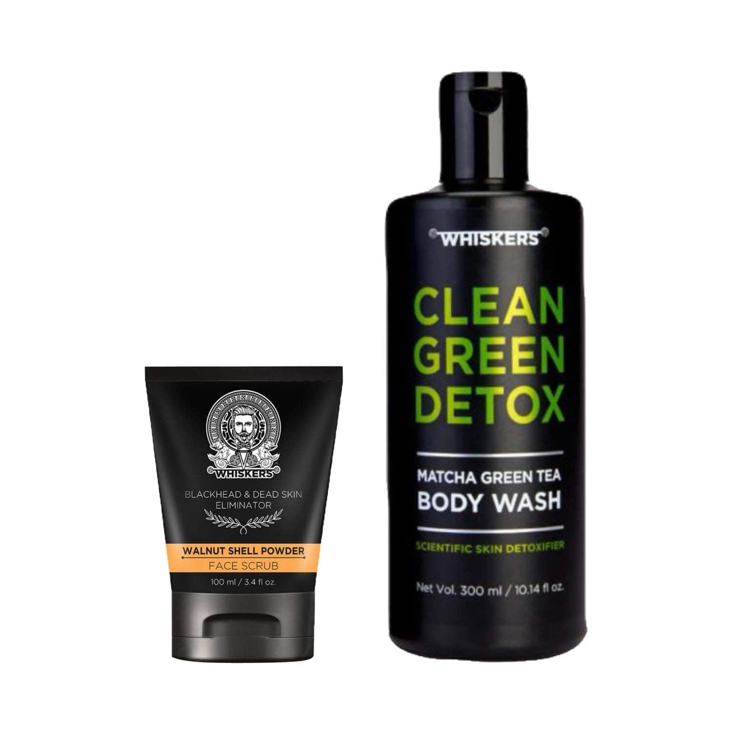 WHISKERS Matcha Green Tea Body Wash (300 ml) & Walnut Shell Powder Face Scrub For Men (100 ml) Combo