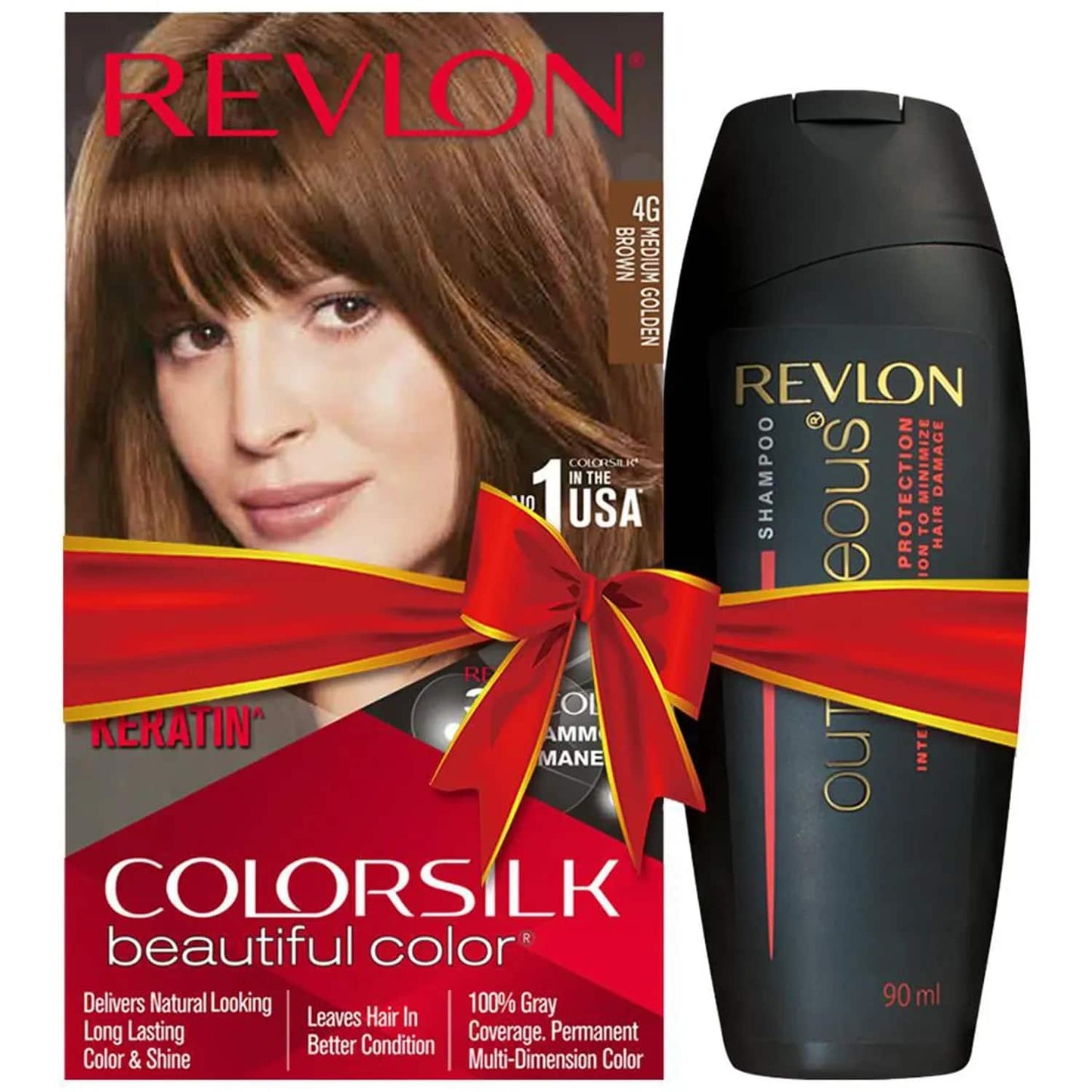 Revlon Colorsilk Beautiful Hair Color with Keratin + Free Shampoo - 4G Medium Golden Brown (91.8ml)