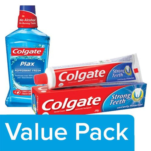 Toothpaste - Strong Teeth 200G + Mouthwash - Plax Pepper Mint, Imported 250ml