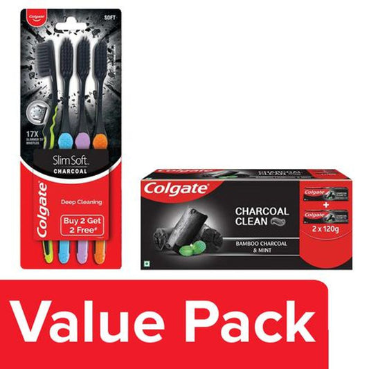 Charcoal Clean Toothpaste (120g X 2) + Slim Soft Charcoal Toothbrush (4 pcs)