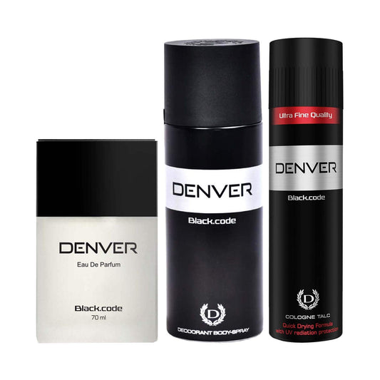 Denver Black Code Talc, Eau De Parfum & Black Code Deodorant Body Spray for Men Combo (200 ml)