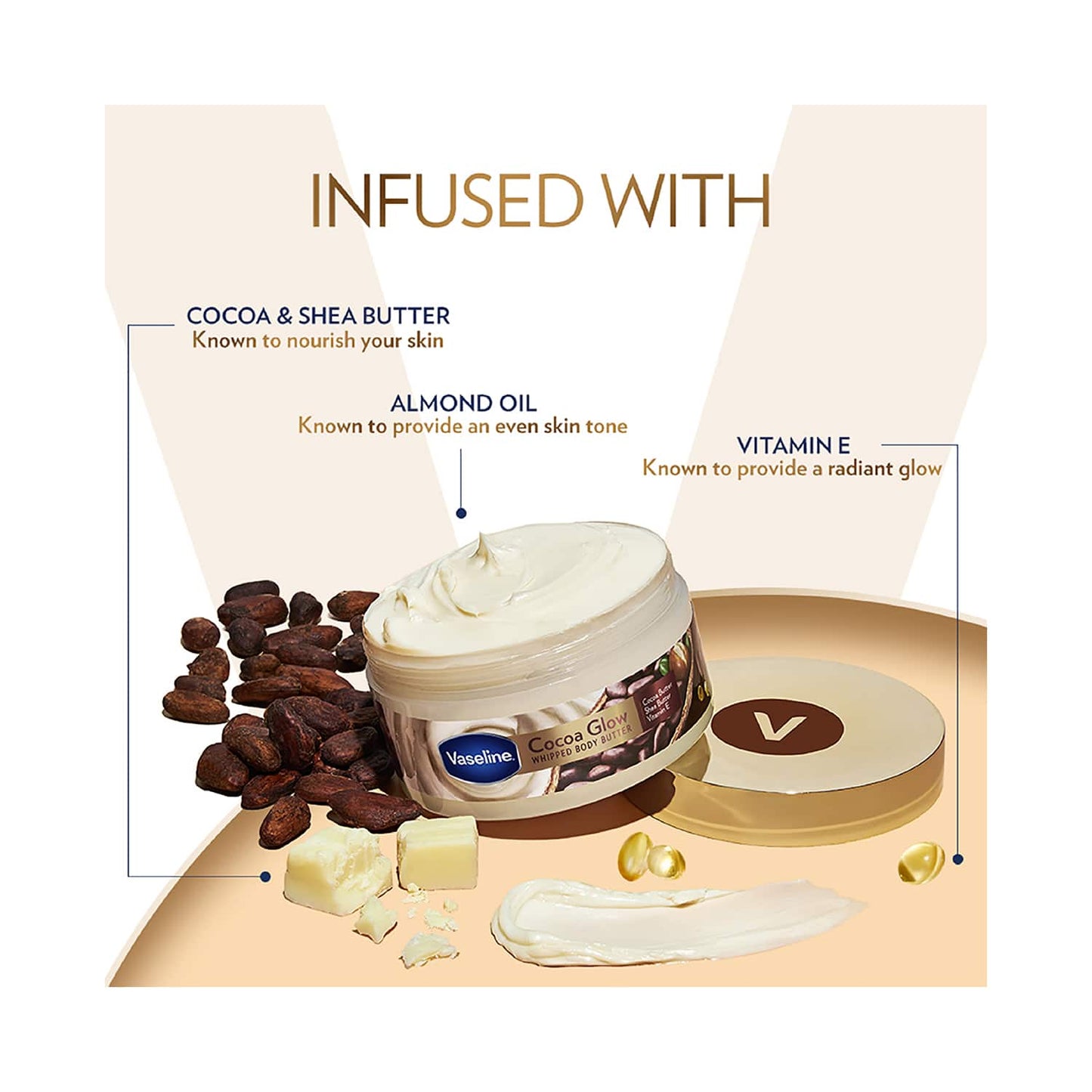 Vaseline Cocoa Glow Whipped Body Butter with Cocoa & Shea Butter for Glowing Soft Skin (180g)