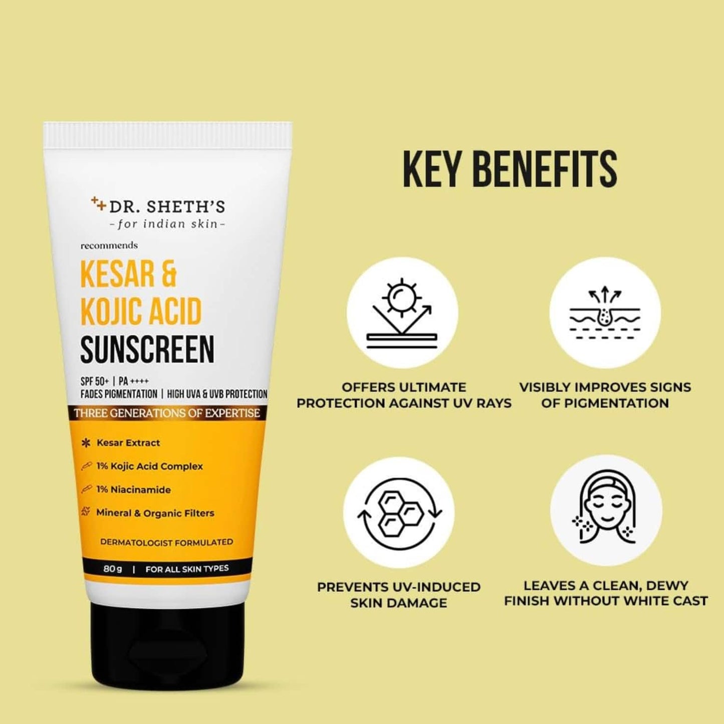 Dr. Sheth's Kesar & Kojic Acid Sunscreen With SPF 50+ PA++++ (80 g)