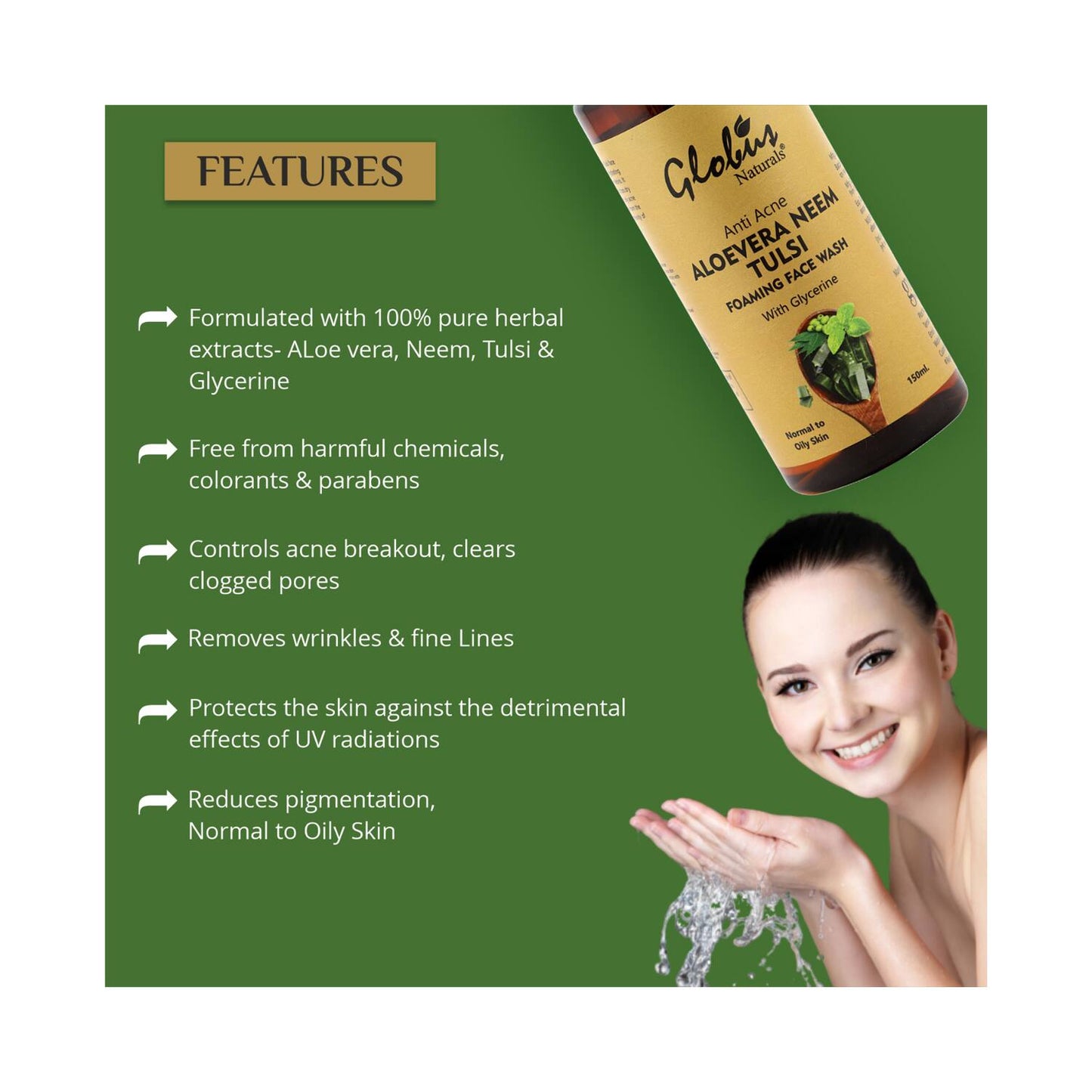 Globus Naturals Aloe Vera Neem Tulsi Foaming Face Wash (150ml)