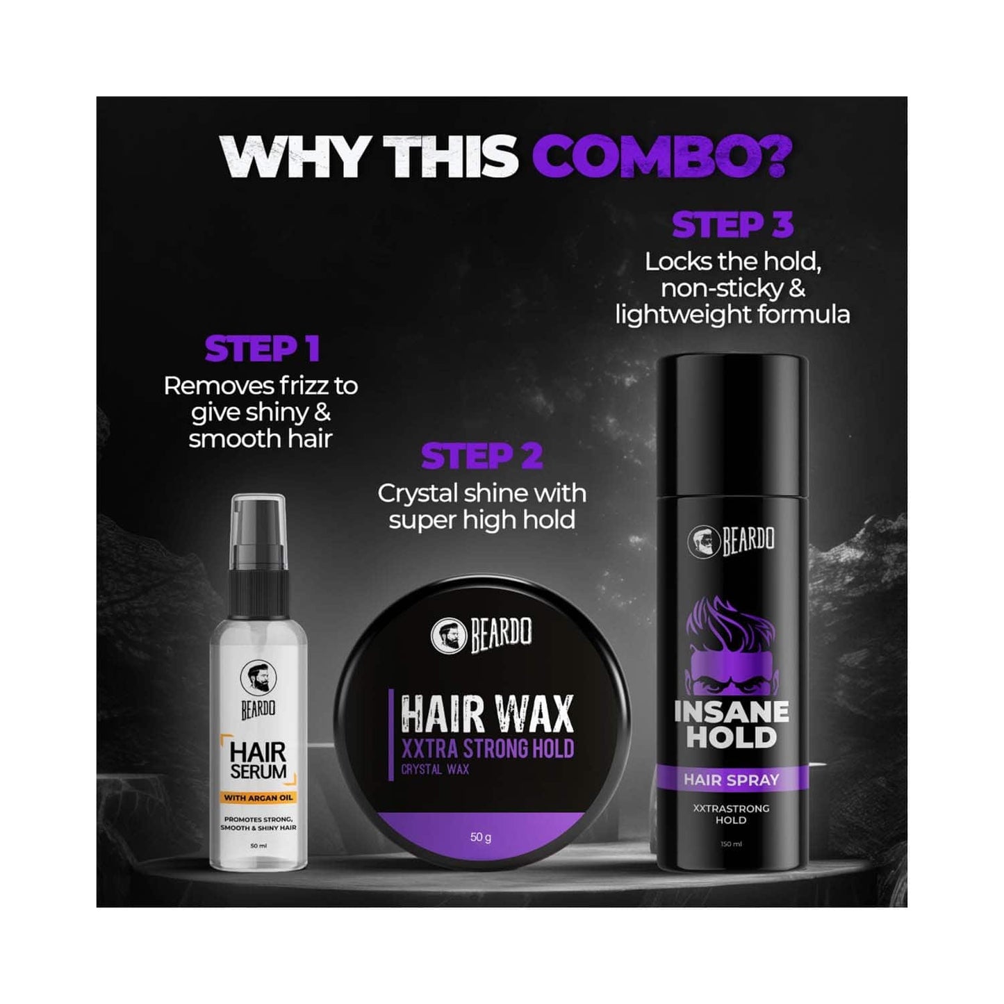 Beardo Ultimate Styling Combo Include Hair Serum with Xtra Strong Hair Wax, Insane Hold Spray (3Pcs)