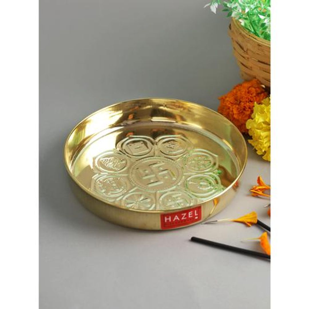 Astmangal Khuchi Brass Puja Aarti Golden Thali - Golden