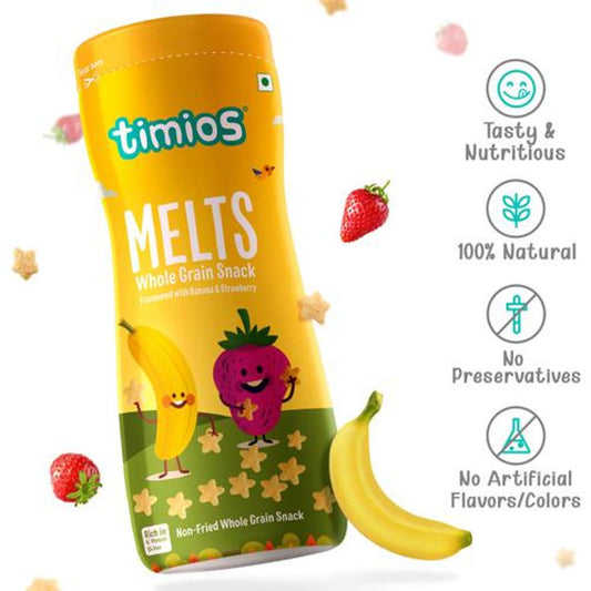 Melts Non-Fried Whole Grain Snack - Flavoured with Banana & Strawberry, From 9 Months, Rich in Protein & Iron