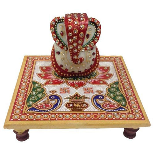 Idol - Lord Ganesh Pooja Chowki, Marble, Meenakari Work