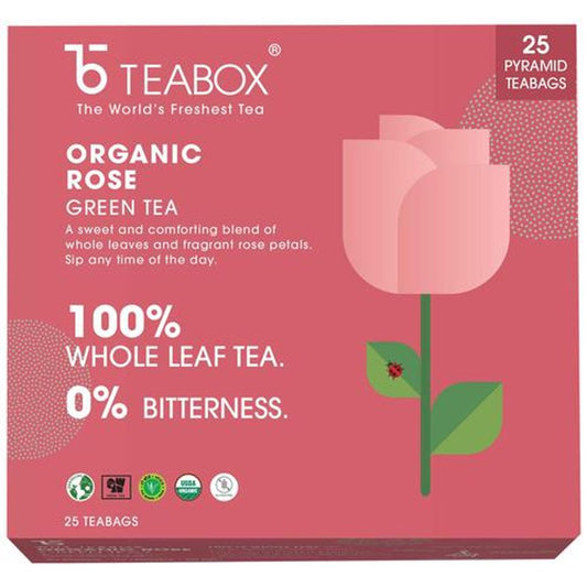 Rose Green Tea Bags - Whole Leaf & Natural Flower Petals, Antioxidants Rich, For Glowing Skin