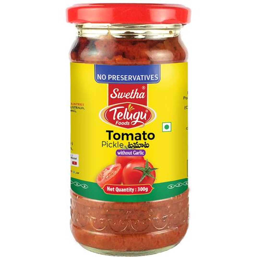 Telugu Foods Tomato Pickle - Without Garlic  Glass Bottle