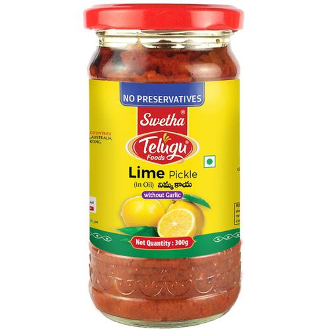 Telugu Foods Lime Pickle - Without Garlic  Glass Bottle