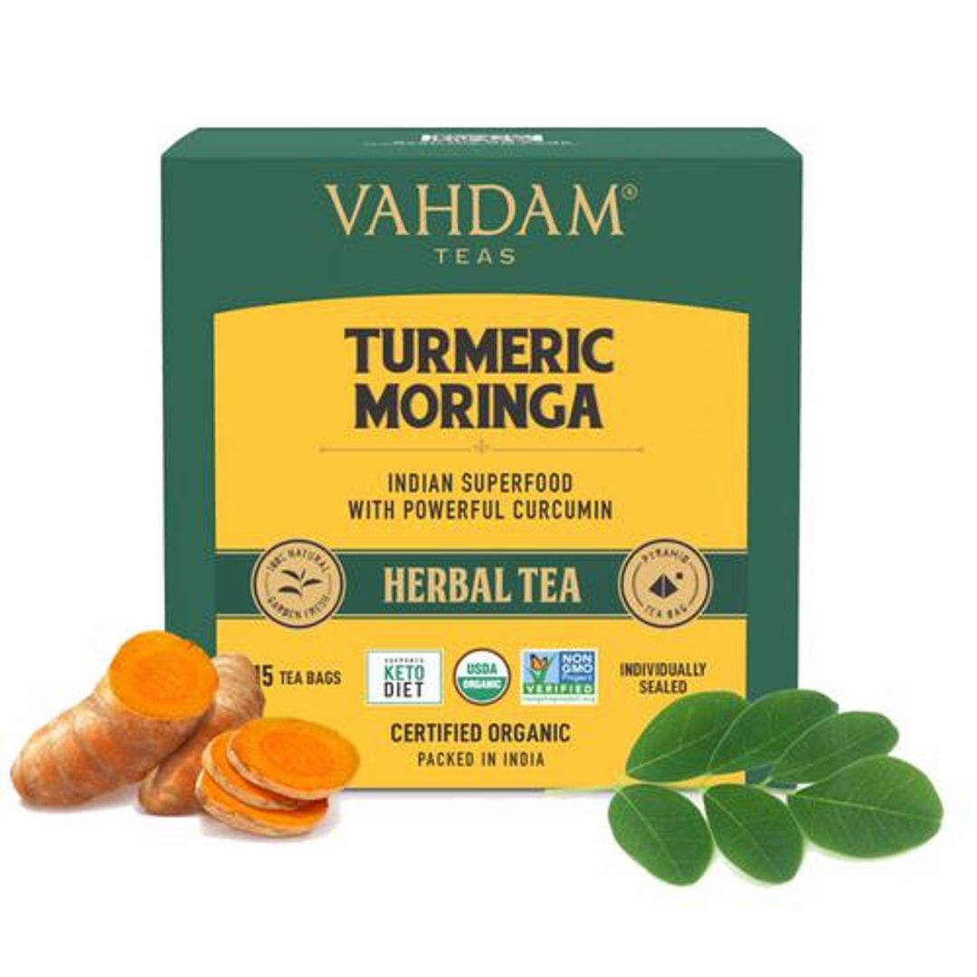 Organic Turmeric Moringa Herbal Tea Bags - Low Caffeine, High Energy