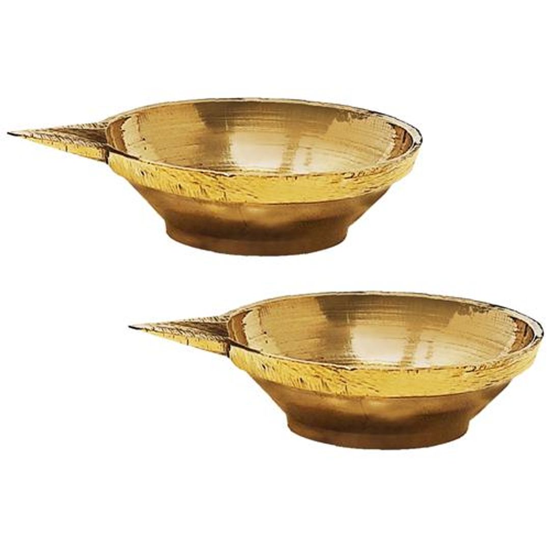 Diya Pair - Brass Material, Angle Deep, Plain, Medium Size, Gold Colour