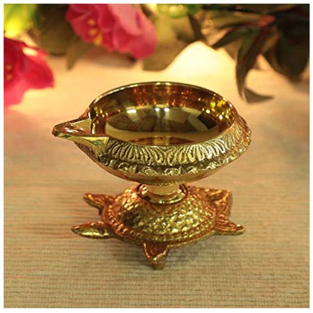 Brass Diya/Kachua Stand Deepam - Turtle Shape Base, Small, Gold Colour