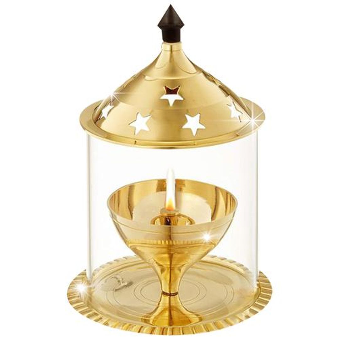 Nitya Brass Akhand Jyot Aaradhya Diya - With Borosilicate Glass, Large