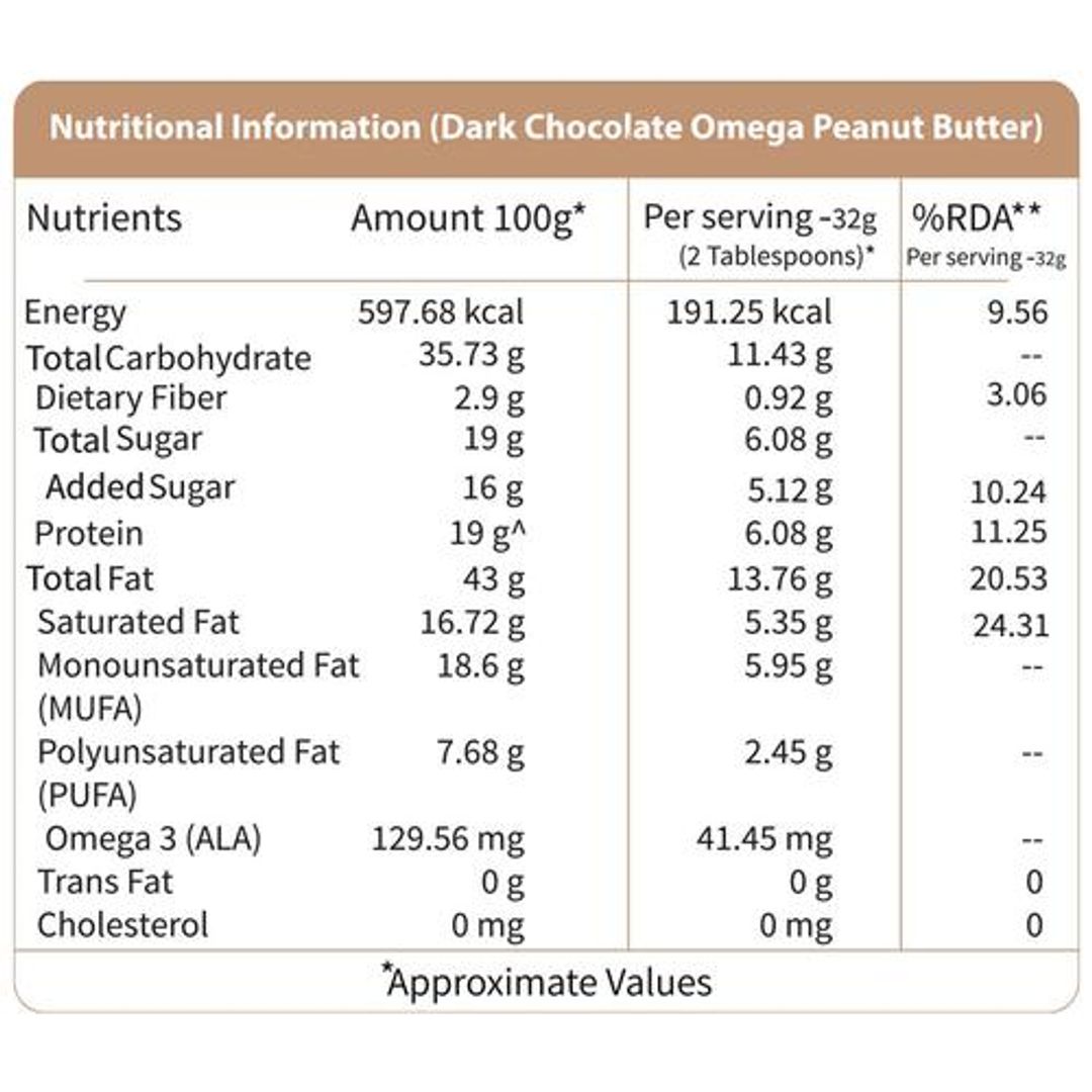 Dark Chocolate Peanut Butter - Creamy, Power of Omega-3, Gluten free, 19g Protein, Non-GMO