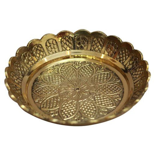 Puja Thali - Gold, Brass, 10 cm, Medium, With Flower Engraved Design, For Home, Office Decoration, Gifting