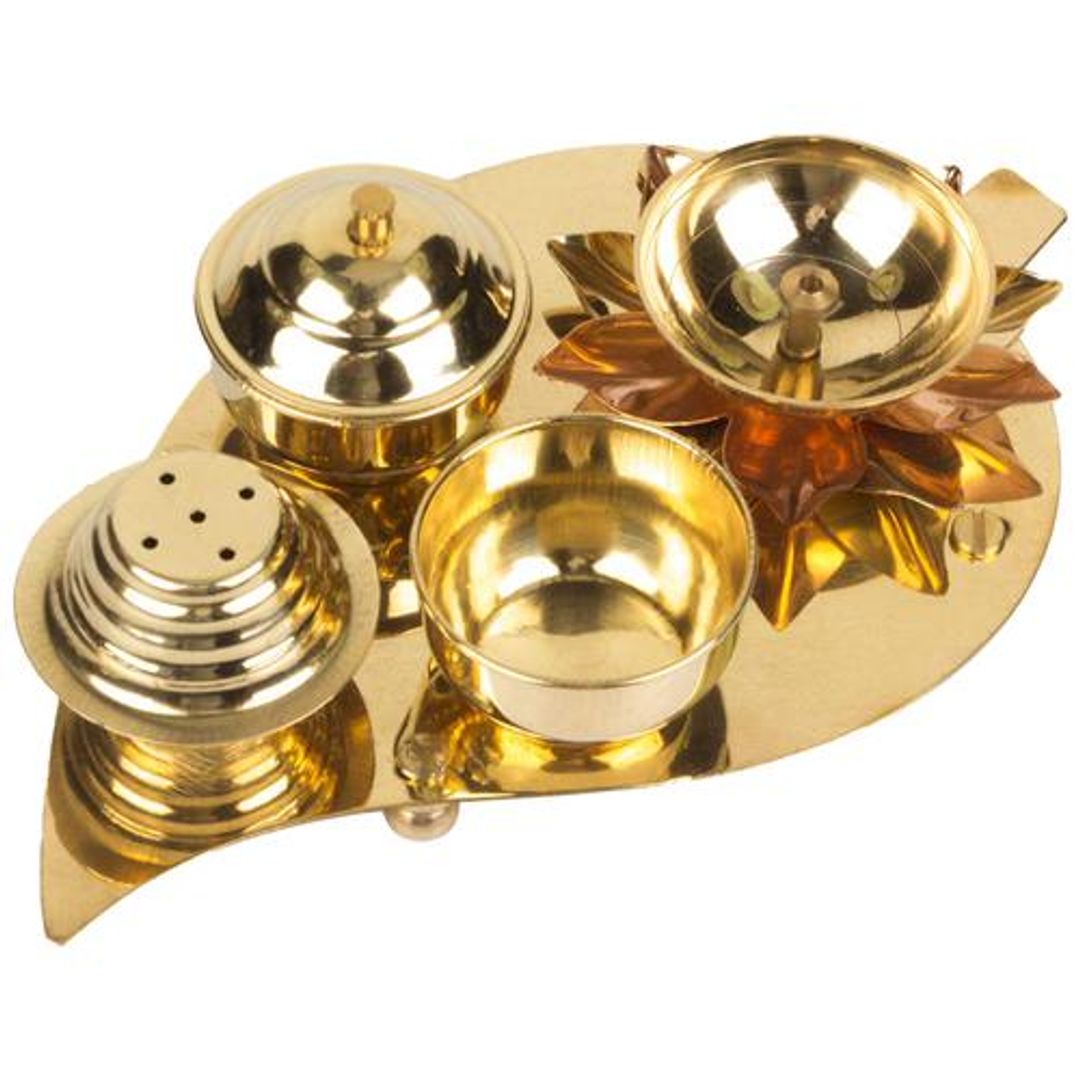 Model: KL-Thali6M - Pooja Thali, Medium, Leaf-Shape, Brass, For Various Rituals