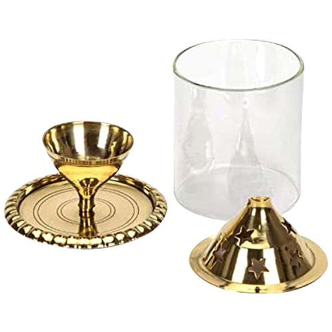 Brass Akhand Jyoti With Clear Glass - Elegant, Durable, Ideal For Puja Rooms