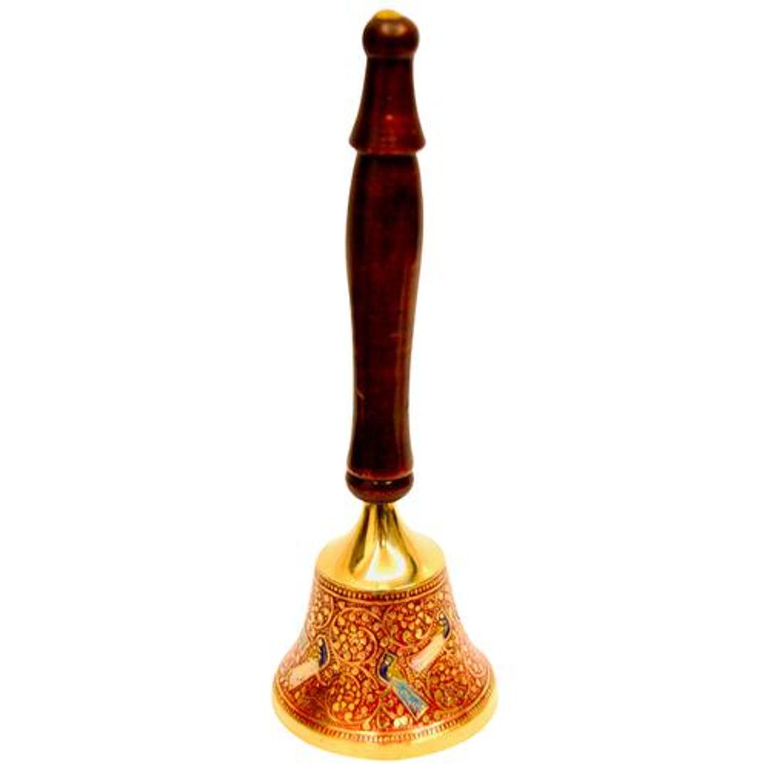 Brass Mandir Bell With Wooden Handle - Elegant, Premium, Durable, Red