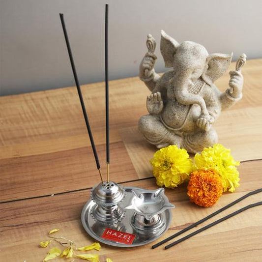 Stainless Steel Agarbatti & Diya Stand 2 In 1 - Pooja Thali, For Festvals