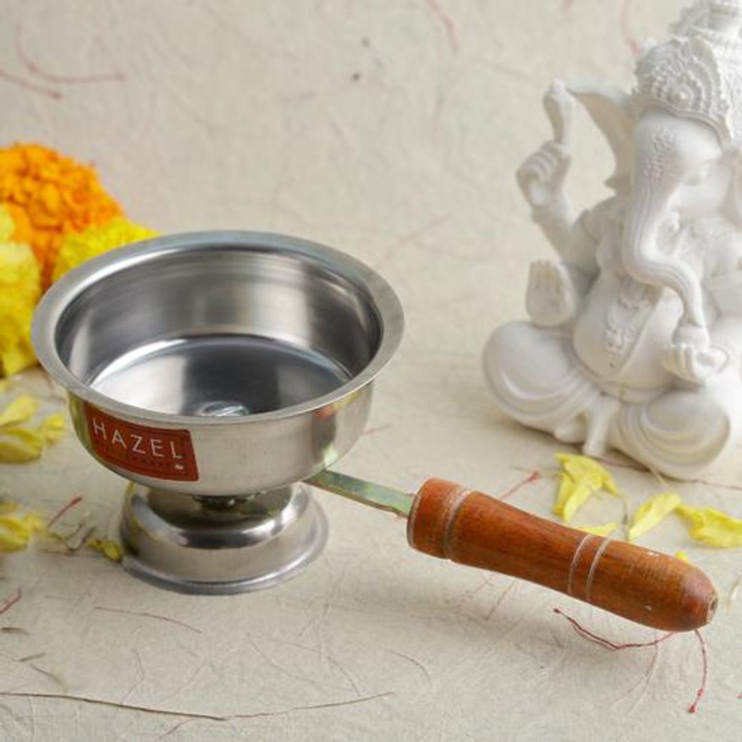 Stainless Steel Dhoop Lamp With Wooden Handle For Pooja - Comfortable Holding