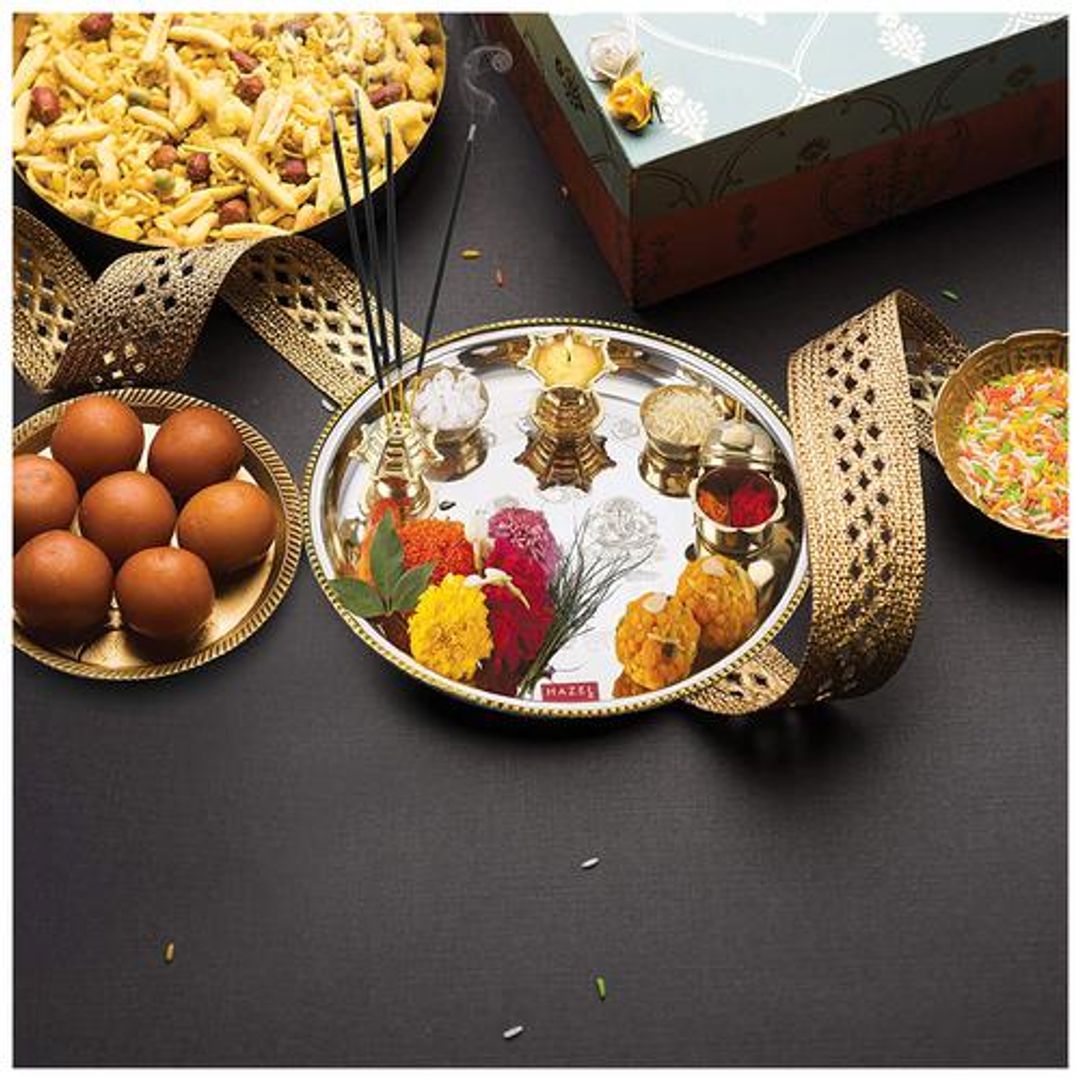 Stainless Steel Puja Pooja Aarti Thali Set - 28 cm With 1 Pc Diya, Agar Batti Incense Holder, 2 Kumkum-Haldi Wati, Silver Colour With Golden Border