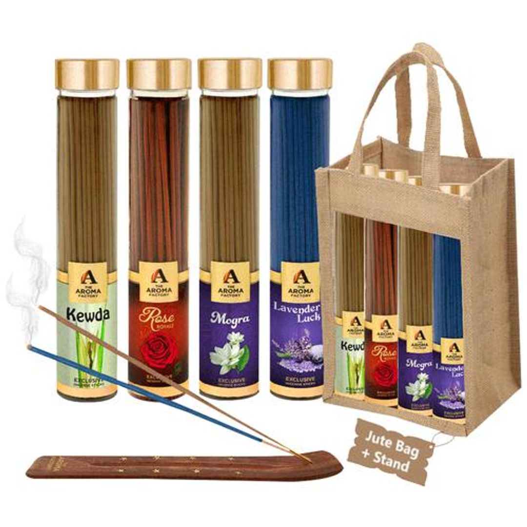 Incense Sticks/Agarbatti - With Jute Bag & Stand, Rose, Lavender, Mogra, Kewda