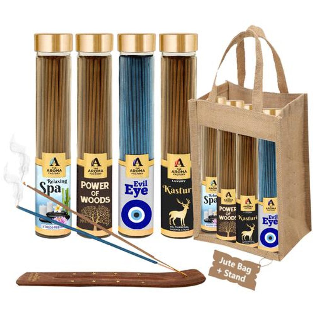 Incense Sticks/Agarbatti - With Jute Bag & Stand, Relaxing Spa, Power Of Woods, Kasturi, Evil Eye