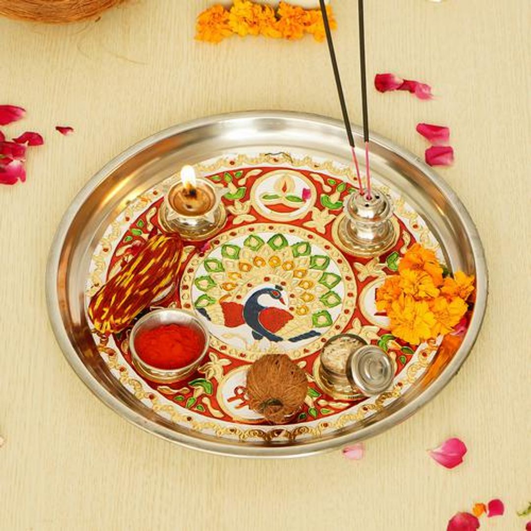 Handcrafted Decorative Golden Pooja Thali With Meenakari Work For Rakhi, 2 Holders, 1 Agar Batti Stand & 1 Diya