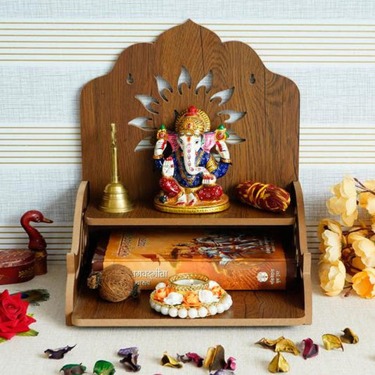 Laminated Wood Pooja Temple/Mandir With Shelf & Swastik Design