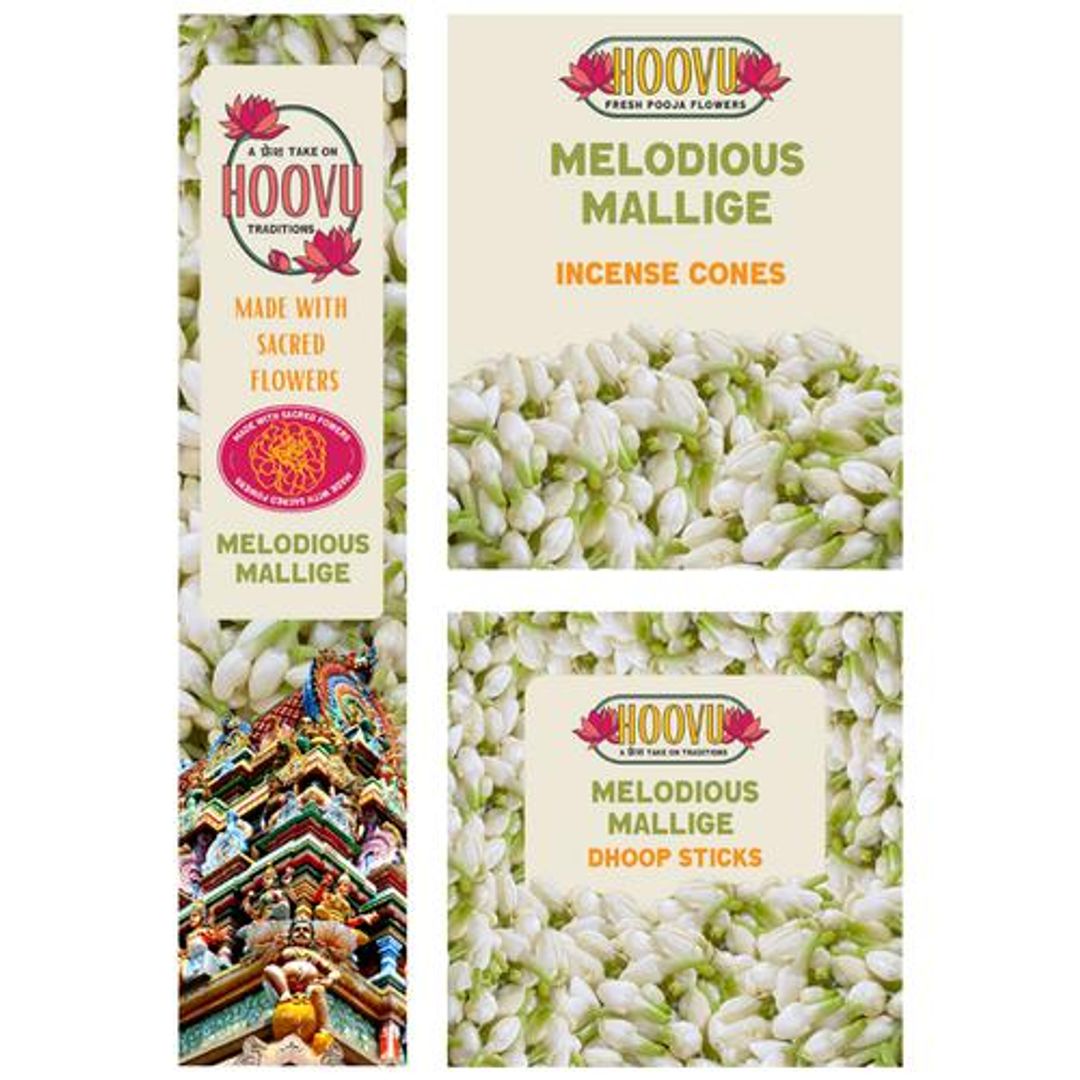 Melodious Mallige/Jasmine Combo Pack - Agarbattis + Incense Cones + Dhoop Sticks