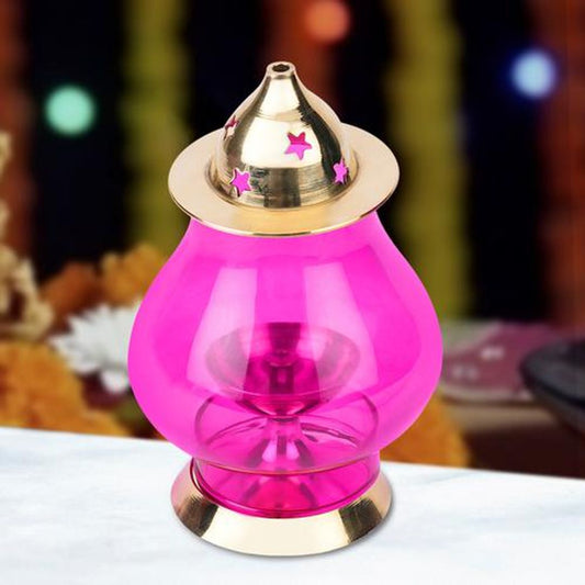 Designer Brass Jyot, Designer Glass Akhand Jyot With Borosilicate Pink Glass