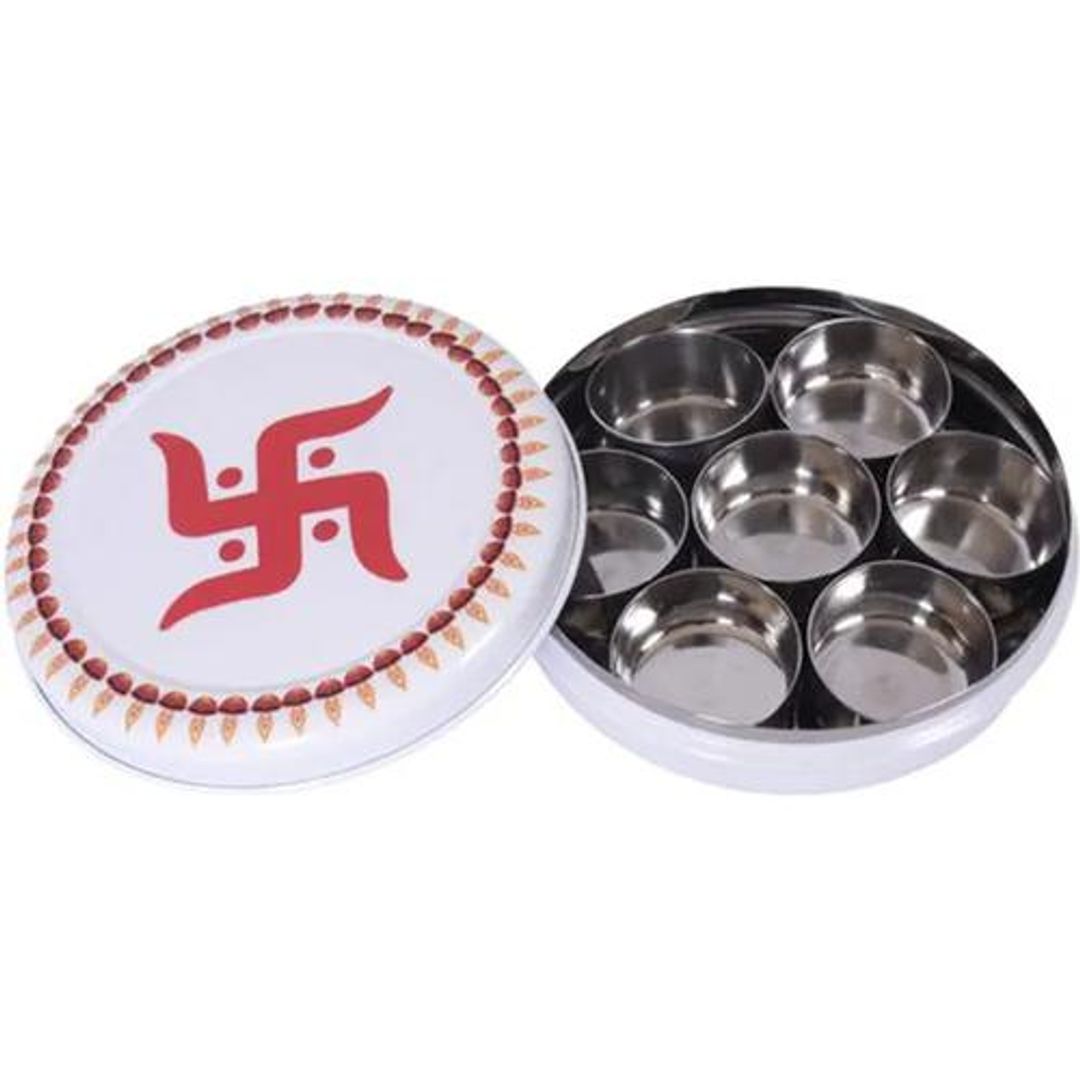 Pooja Box - Swastik Design Print, Multipurpose, Steel Box, White & Red