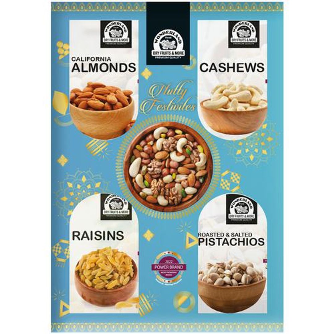 Nutty Festivities Dry Fruits Gift Box - California Almonds, Cashews, Raisins, Roasted & Salted Pistachios