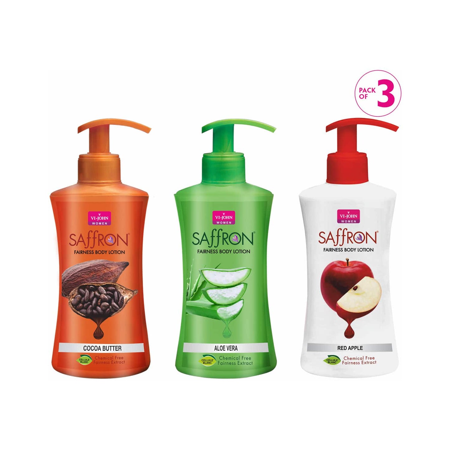 VI-JOHN Women Fairness Body Lotion Red Apple, Aloe Vera & Cocoa Butte (Pack of 3) (250 ml)