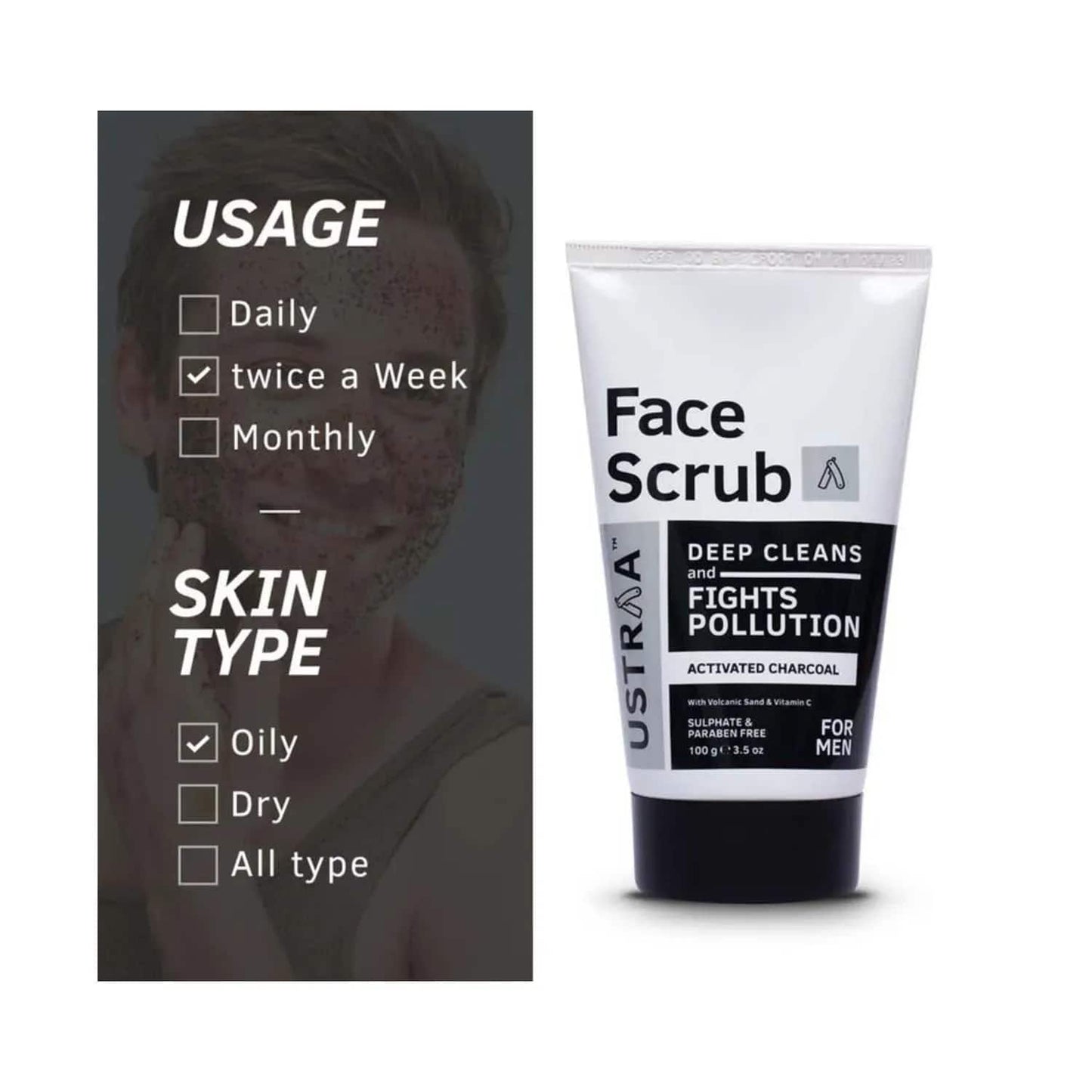 Ustraa Activated Charcoal Face Scrub - (100g)