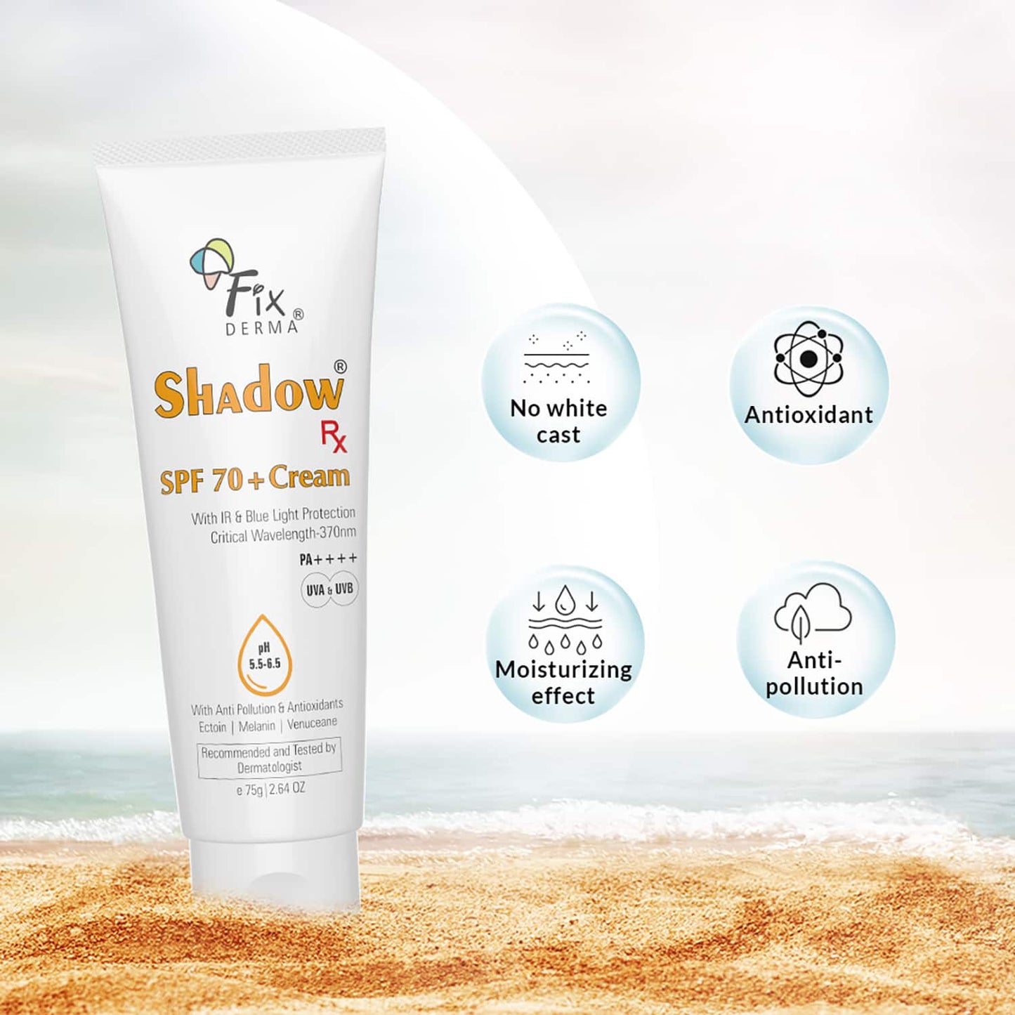 Fixderma Shadow RX Sunscreen SPF 70+ UVA & UVB with IR Protection & Blue Light Protection (75g)