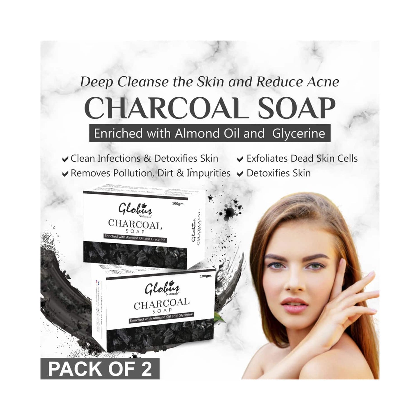 Globus Naturals Deep Cleaning & Exfoliating Activated Charcoal Soap - (2Pcs)