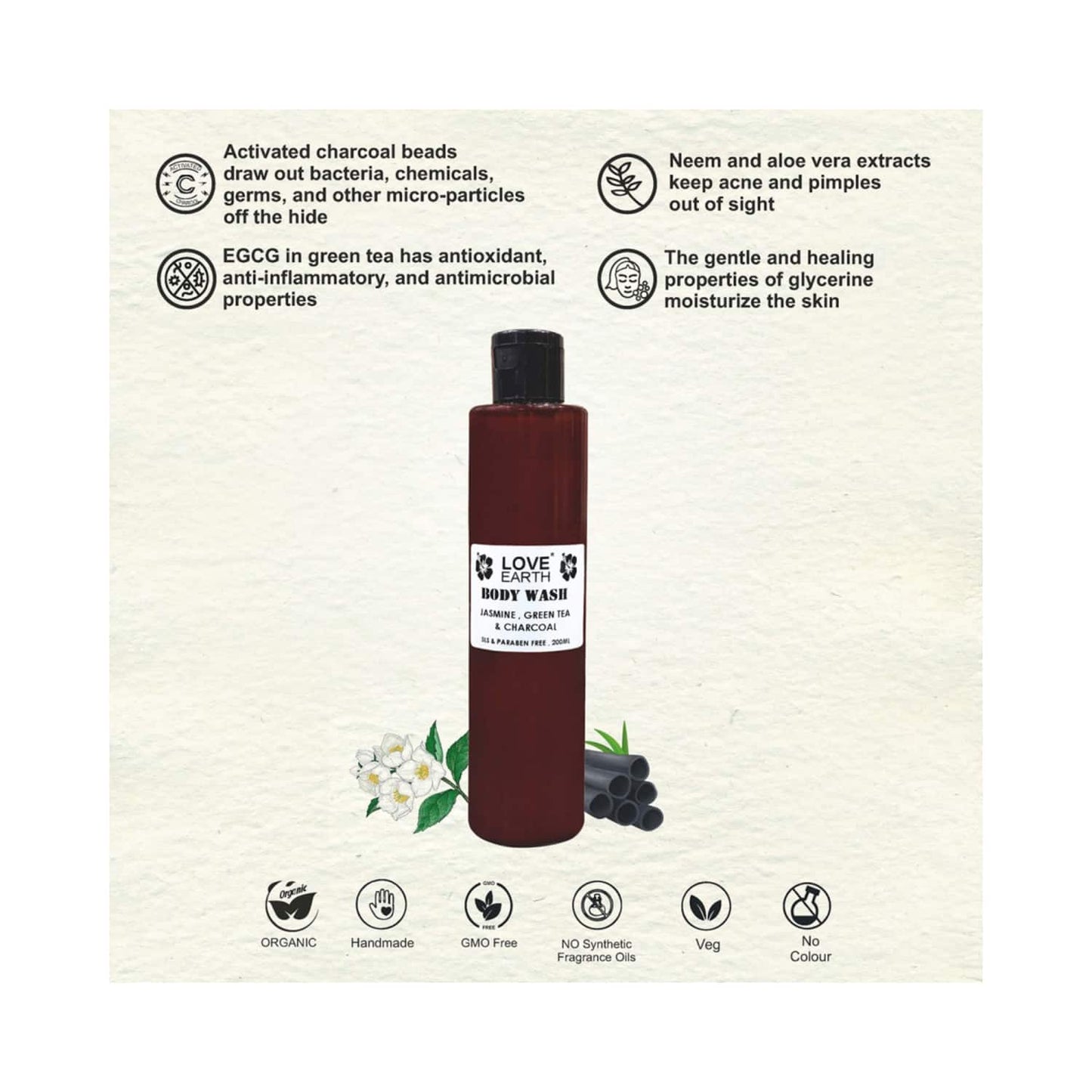 Love Earth Jasmine Green Tea And Charcoal Body Wash (200ml)