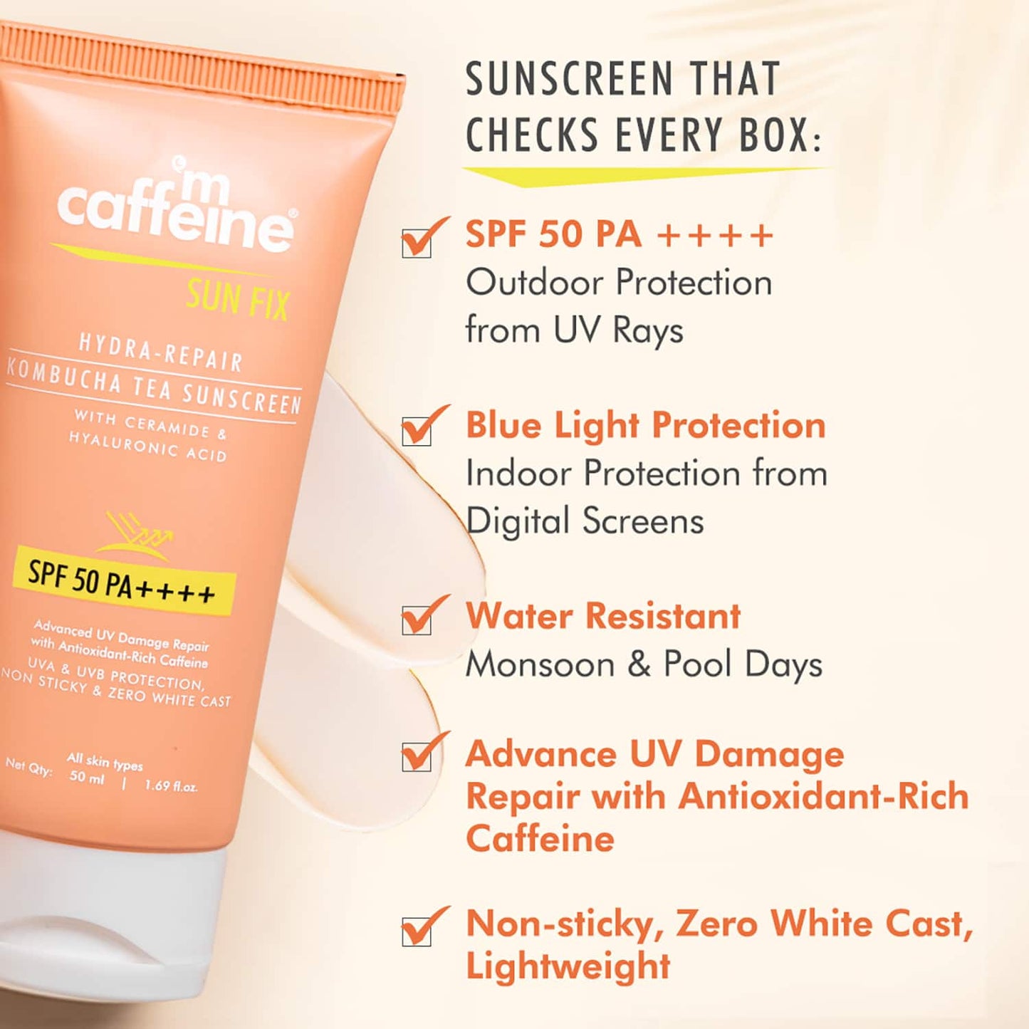 mCaffeine Hydra Repair Sunscreen SPF 50 PA++++ with Kombucha Tea UVA-UVB Protection & No White Cast