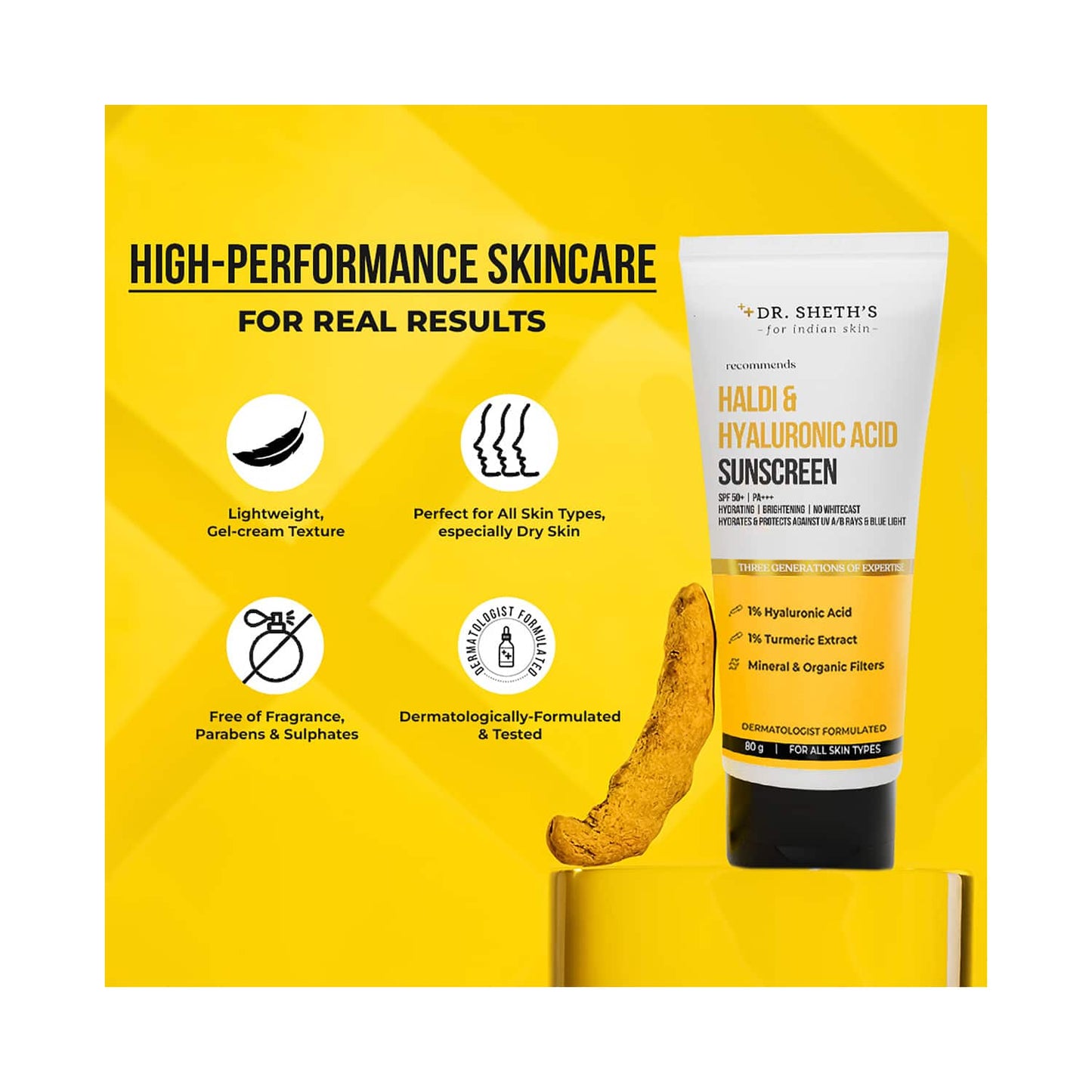 Dr. Sheth's Haldi & Hyaluronic Acid Sunscreen 50+ PA+++ (80g)