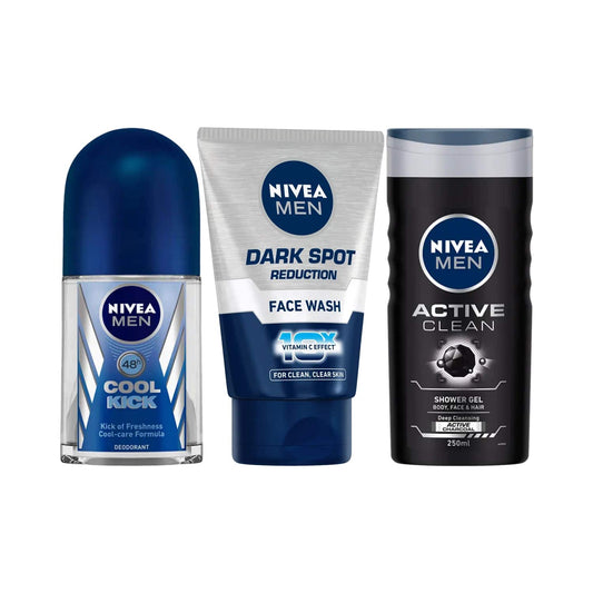 Nivea Essential Combo - Shower Gel, Men Dark Spot Facewash & Cool Kick Deodorant