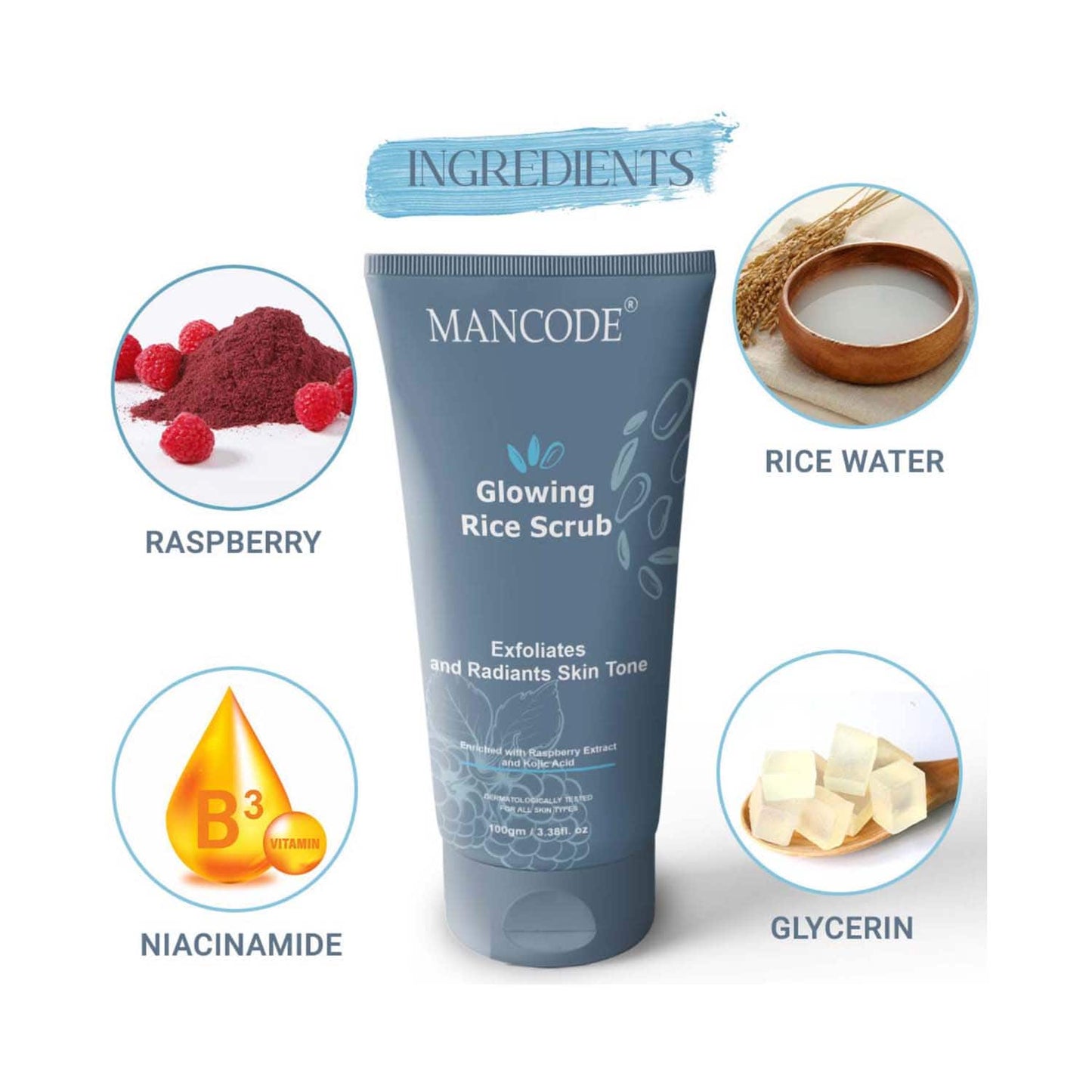 Mancode Glowing Rice Face Scrub for Exfoliates and Radiants Skin Tone (100 g)