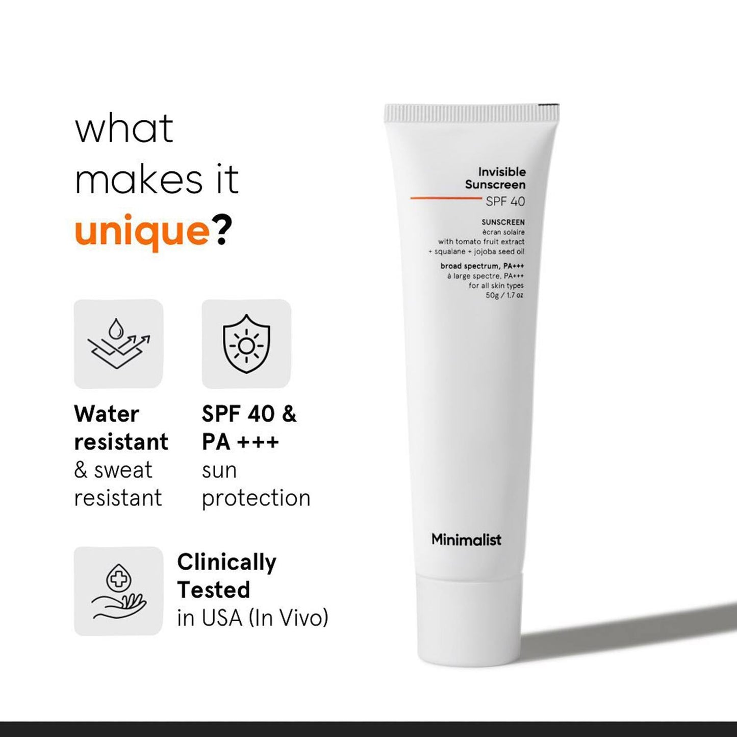 Minimalist Invisible Sunscreen SPF 40+ PA +++ Lightweight Water Resistant Formula With Squalane (50g)