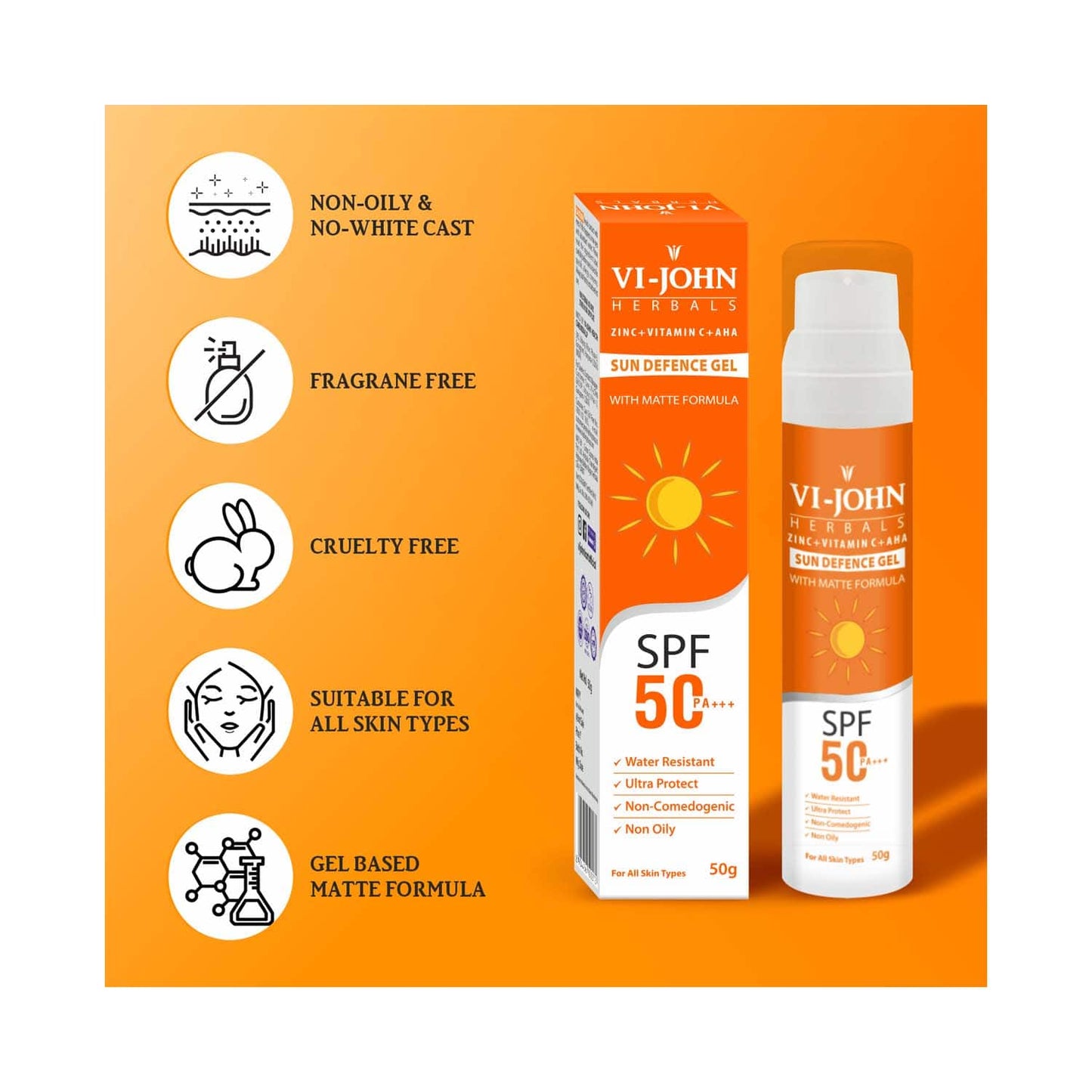 VI-JOHN Herbals Sun Defence Gel SPF 50 PA+++ with Matte Formula (50g)