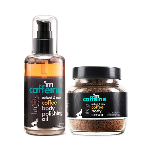 mCaffeine Exfoliating Coffee Body Scrub & Relaxing Body Massage Oil for Soft-Glowing Skin Pack of 2